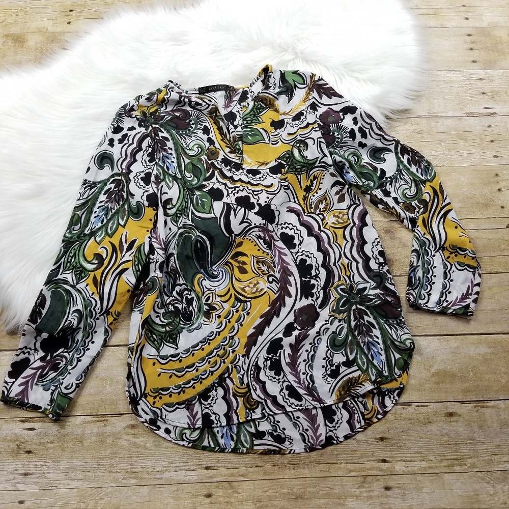 ZARA BASIC V NECK LONG SLEEVE PRINT BLOUSE TOP